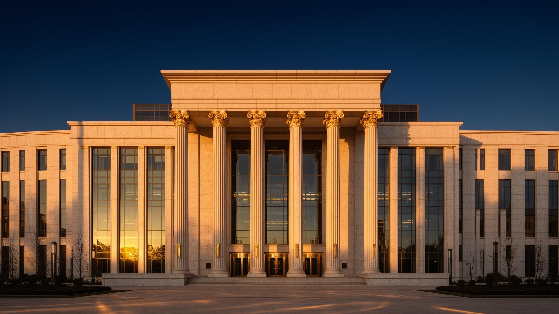 Institutional headquarters at golden hour